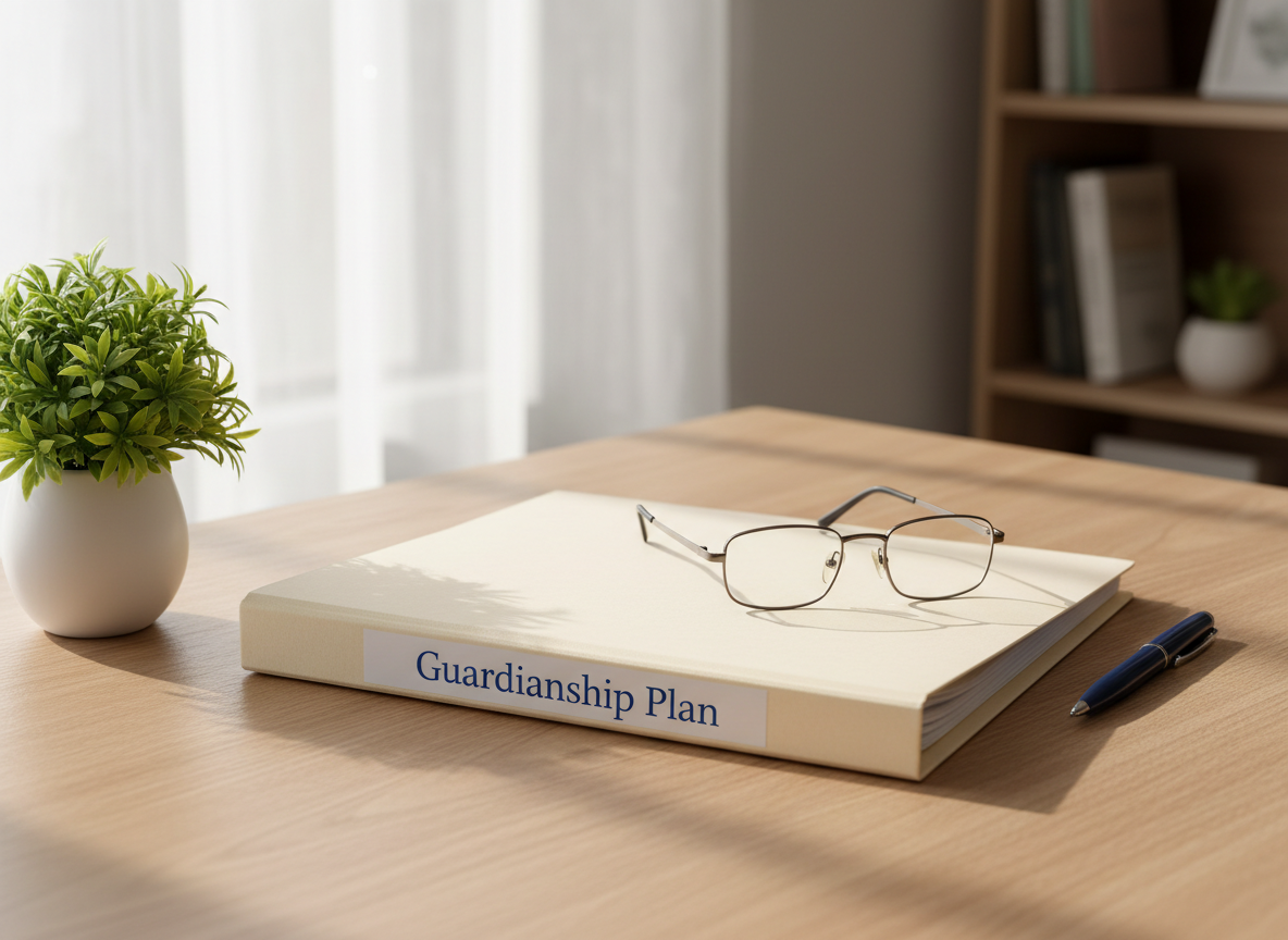 A pristine manila file folder embossed discreetly with “Guardianship Plan” in dark blue, lying on a light oak desk alongside a pair of reading glasses folded neatly on top and a fine-tipped pen aligned parallel to the folder’s edge. To one side sits a small, healthy green plant in a white ceramic pot, adding a touch of warmth. Soft morning light arrives from the left through a sheer curtain, creating delicate shadows and gentle highlights on the folder’s textured surface. Photographic realism, composed using the rule of thirds with a shallow depth of field, keeps the guardianship file sharply defined against a softly blurred, calm office background. The mood is organized, compassionate, and quietly reassuring.