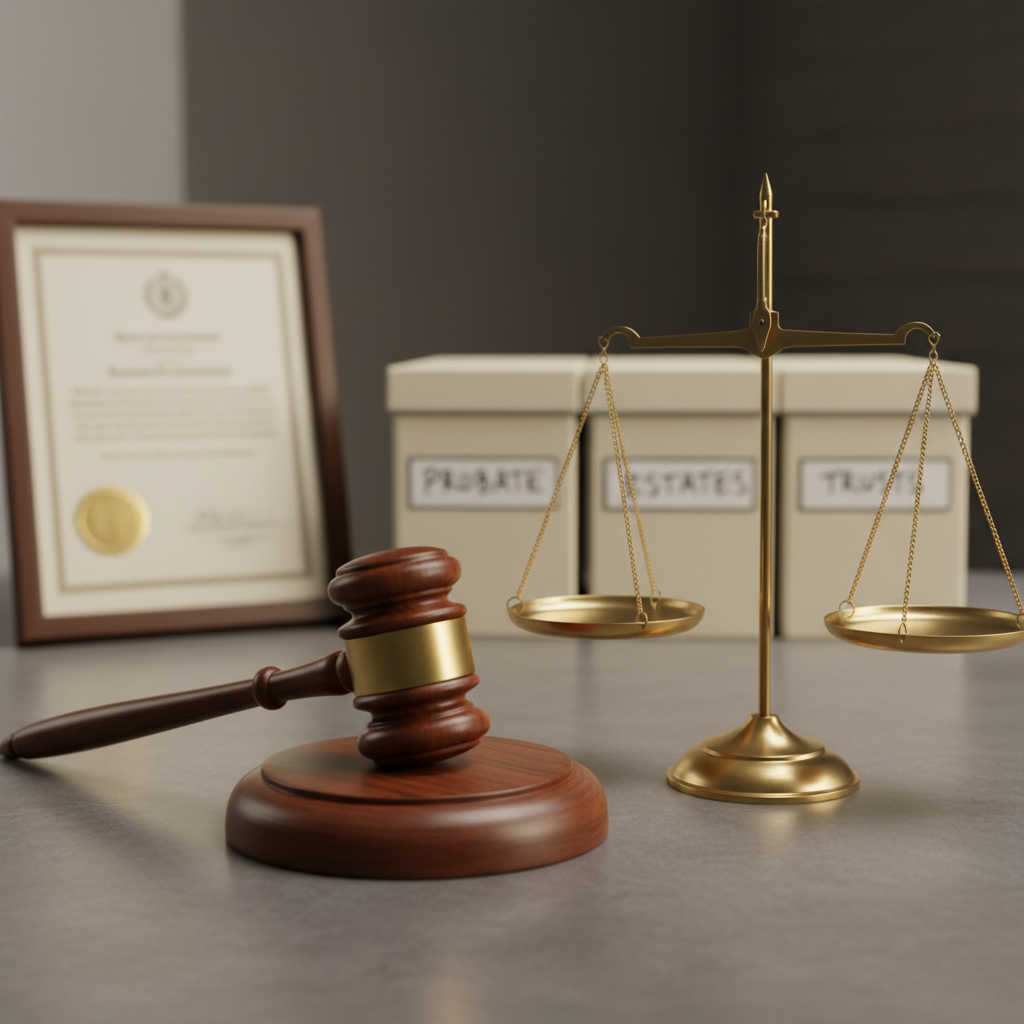 An elegant wooden judge’s gavel resting beside a brass balance scale on a smooth charcoal-gray stone desk, with both objects meticulously polished and free of clutter. Behind them, a subtle, out-of-focus framed certificate and a neatly organized row of labeled file boxes create a sense of structure and order. Warm, indirect office lighting casts soft, even illumination, highlighting the grain of the wood and the gleam of the brass without harsh shadows. Photographic realism, captured from a slightly low, close-up angle, emphasizes the solidity and weight of the tools of law. The atmosphere is steady, reassuring, and authoritative, underscoring dependable guardianship and probate guidance built over many years.