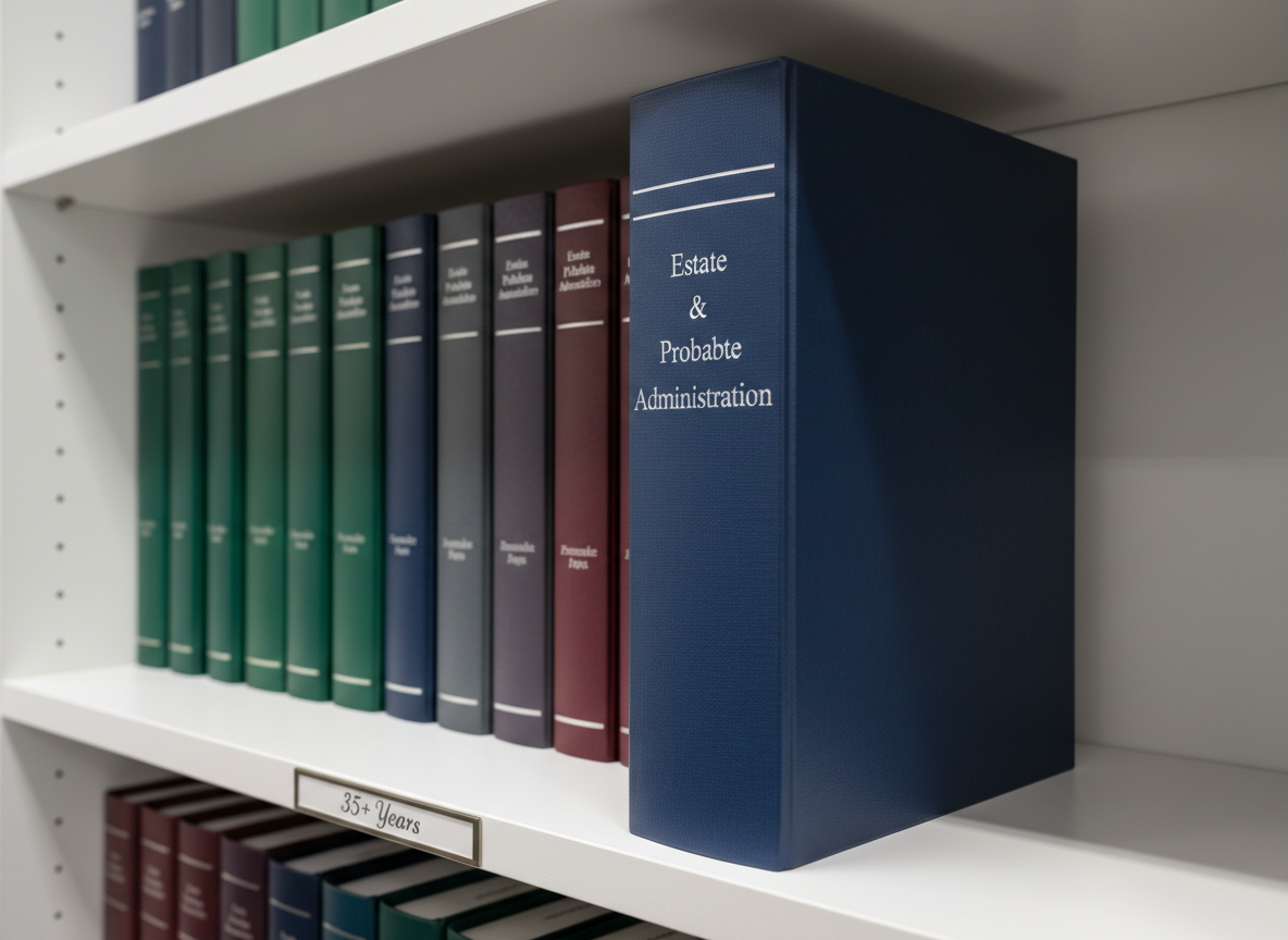 A close-up view of a thick, navy-blue legal binder labeled “Estate & Probate Administration” in subtle silver lettering, standing upright on a matte white shelf between neatly aligned, color-coordinated binders. A small metal label holder on the shelf edge reads “35+ Years” in engraved script, hinting at long-standing practice. Overhead recessed lighting provides soft, even illumination, causing a gentle sheen on the binder’s textured cover while keeping shadows minimal. Photographic realism, shot from a slightly elevated, three-quarter angle, emphasizes symmetry and order across the row of materials. The atmosphere is meticulous, dependable, and methodical, visually expressing thorough probate management handled with care and precision in a professional environment.